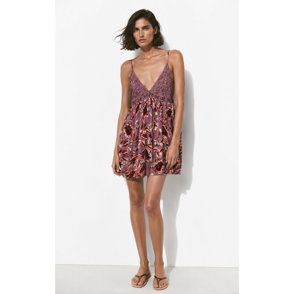 Xhilaration Y2K Boho Floral Embroidered Sundress Purple Criss Cross Mini Dress L